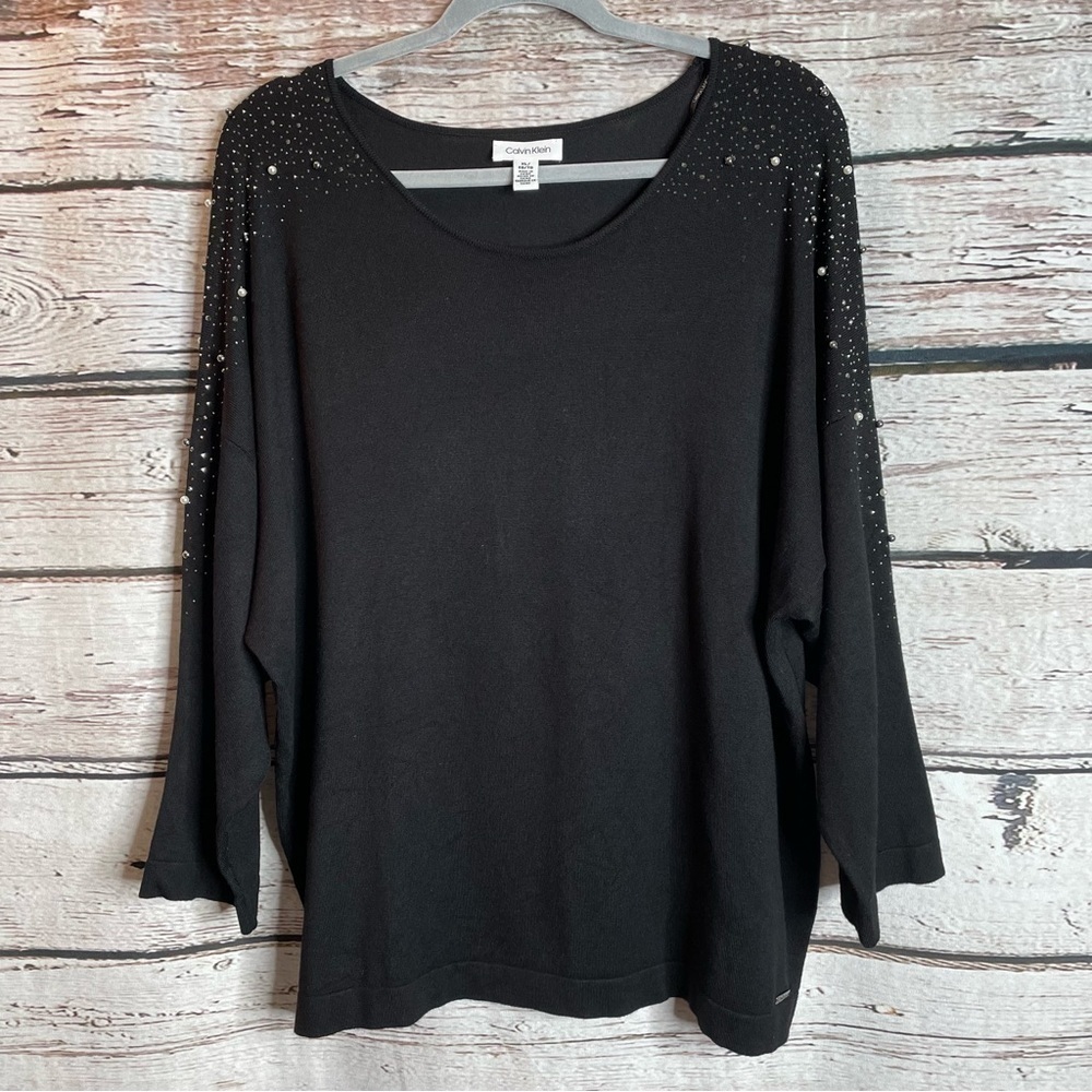 Calvin Klein Round Neck Bracelet Sleeve Embellished Beaded‎ Pullover Sweater XL